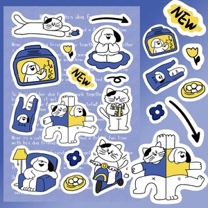 Detailed view of DIY cartoon cat and dog stickers for journal and phone case decor