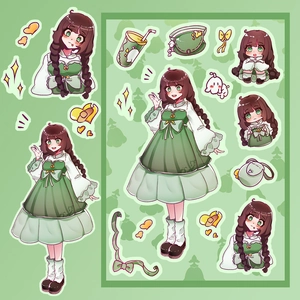 Detailed sheet of Korean style girl stickers with green dress and cute DIY accessories