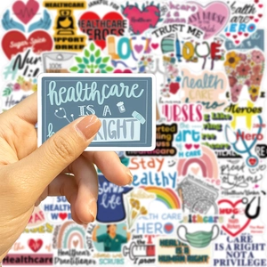 Close-up of healthcare theme stickers showing Healthcare Is A Right design and medical icons