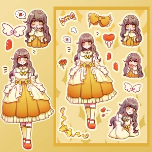 Detail of cute anime girl stickers with yellow layered dress and decorative elements