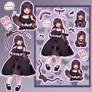 Detail of purple-haired anime girl sticker set in black lolita dress with cute rabbit elements