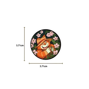 Detail shot of a 5.71cm round cartoon orange cat sticker with straw hat and flowers