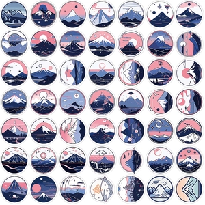 52-piece set of waterproof round mountain stickers in Japanese Ukiyo-e style for laptops