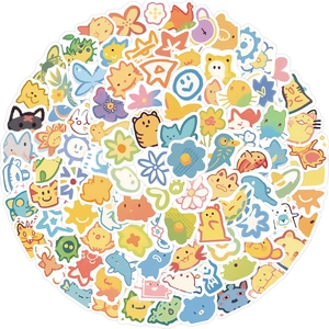 Close-up of 100 cute cartoon animal and flower waterproof PVC stickers for DIY decoration