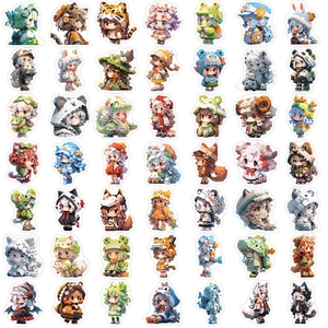Set of 50 pixel art girl stickers featuring cute animal outfits for laptop and DIY decor
