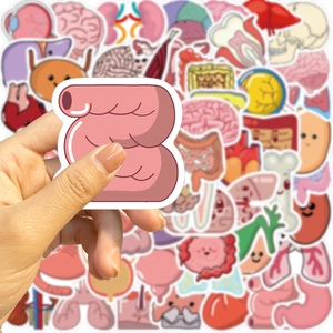 Hand holding a cartoon intestine sticker from a medical human organ decal set
