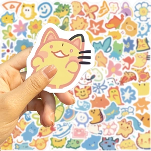 Detailed view of waterproof cartoon cat sticker with soft hand-drawn style and white border