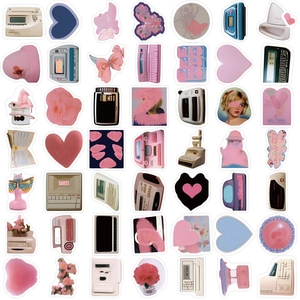 Lot de 50 autocollants Y2K roses avec motifs de cœurs et électronique rétro pour déco DIY