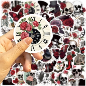 50pcs gothic punk rose stickers for laptop and guitar featuring vintage skull and clock designs