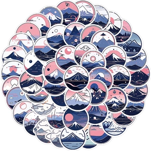 52PCS waterproof Japanese mountain and sun round cartoon graffiti stickers set