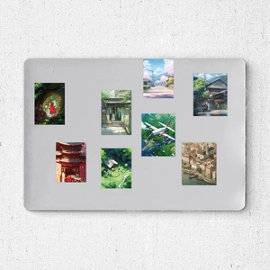 Detail view of seven Ghibli style waterproof stickers with forest and street scenes