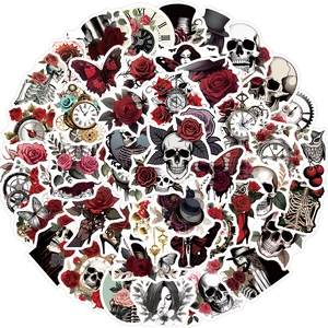 Pack of 50 gothic punk rose and skull stickers for laptop and guitar decoration