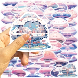 Vibrant cartoon UFO and anime girl waterproof stickers for laptops and guitar DIY decor