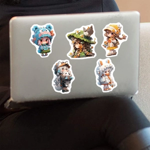 Waterproof pixel art girl stickers applied on a silver laptop back for DIY decoration