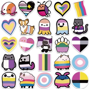 Set of 50 colorful cartoon animal stickers with LGBTQ+ rainbow patterns for DIY decoration