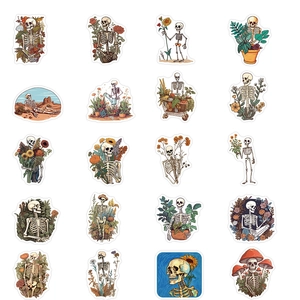 Set of 50 waterproof cartoon skull stickers with vintage floral art for laptops and luggage