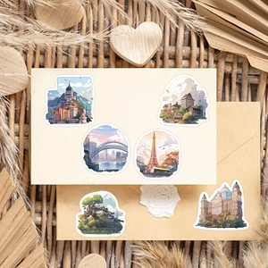 Vista dettagliata di adesivi da viaggio estetici con monumenti mondiali su carta vintage