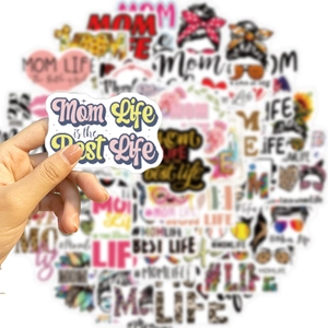 Detailed view of Mom Life themed waterproof stickers with leopard print and fashion icons