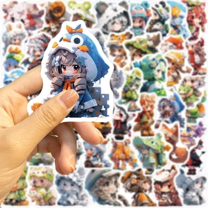 50pcs pixel art girl stickers in animal hoodies for laptop and guitar DIY decor