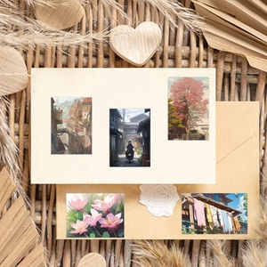Close-up of five anime landscape stickers on craft paper for DIY decor and stationery