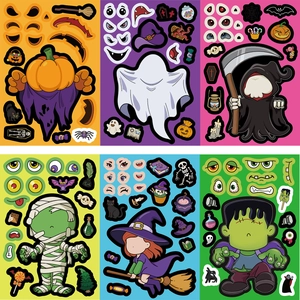 6er-Set Halloween-Aufkleber zum Selbermachen mit Kürbis und Hexe für kreatives Basteln und Kleben