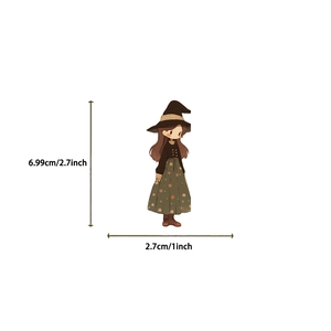 Detailed size view of cartoon witch sticker with precise 6.99cm height measurements
