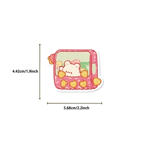Detailed size view of cartoon pink snack bag sticker with bear and yellow hearts