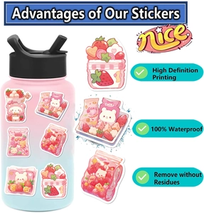 Detailed infographic showing waterproof cartoon snacks stickers on a water bottle