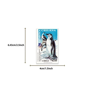 Detail of vintage Chile Antarctic Penguin stamp sticker showing 6.43cm size dimensions