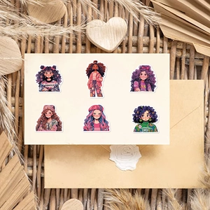 Vue à plat d'autocollants de filles cartoon sur fond rustique avec des enveloppes