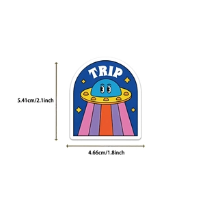 Cartoon UFO alien sticker with TRIP text showing precise 5.41cm by 4.66cm dimensions