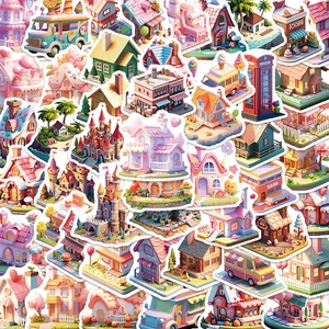 Detailed view of 3D cartoon building stickers including cafes and castles in pastel tones