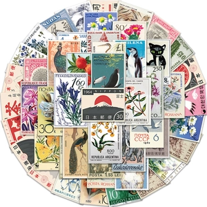 50 pieces of vintage style stamp stickers with retro animal and floral doodle designs