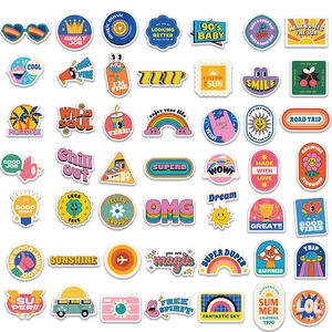Set of 50 vintage pop art vinyl stickers with sun and heart patterns for DIY decoration