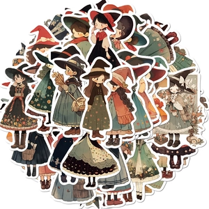 Set of 50 cartoon witch stickers with vintage forest theme for guitars and laptops