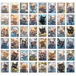 Set of 48 waterproof cartoon stickers showing cute cats swimming underwater for DIY decor