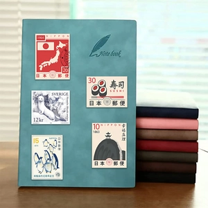 50 vintage cartoon stamp stickers on a blue leather notebook with retro travel themes