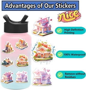 Waterproof cartoon house stickers on water bottle showing high definition printing details