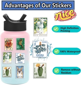 Close-up of vintage animal and plant stamp stickers on a waterproof water bottle surface