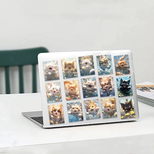 Detail of waterproof cartoon cat stickers shown on a laptop cover with 15 patterns