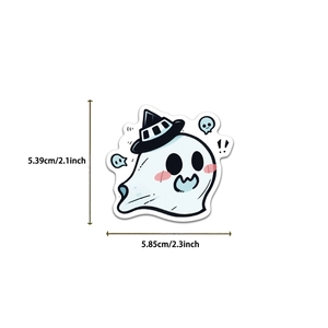 Close-up of cute ghost sticker with wizard hat and dimension details for DIY decoration