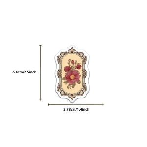 Detail met afmetingen van vintage bloemensticker met elegante pioenroos en sierlijst