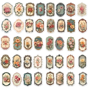 Set van 50 vintage bloemenstickers met retro kaders voor laptops, koffers en decoratie