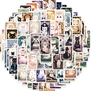 Detailed view of colorful cartoon cat tarot stickers for guitar and laptop decoration