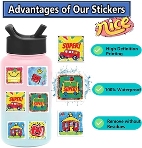 Wasserdichte Motivationsaufkleber auf einer Trinkflasche mit bunten Cartoon-Icons