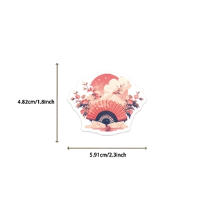 Detailed dimensions of Japanese fan sticker with cherry blossoms and red sun motifs
