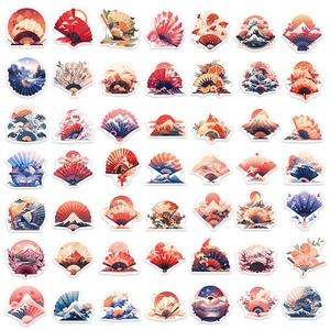 Set of 49 Japanese Ukiyo-e style waterproof stickers featuring waves and Fuji mount