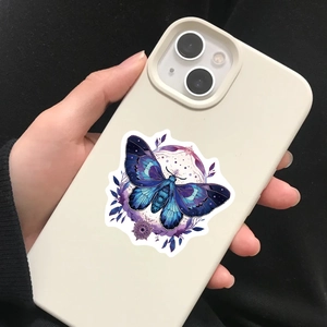 Detail of vibrant blue and purple butterfly sticker on a matte phone case surface