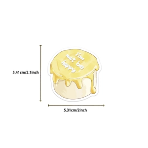 Detailed dimension view of a yellow cake sticker with You must be happy text