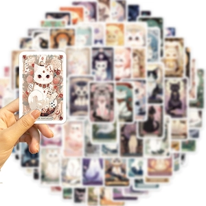 Cartoon cat tarot stickers set with colorful hand-drawn illustrations for DIY decoration